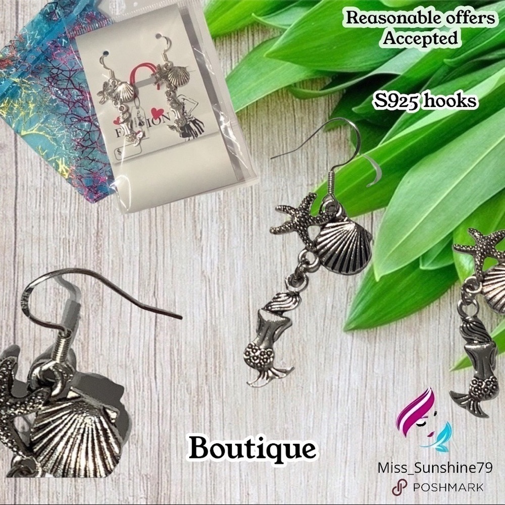 NEW  Mermaid Shell dangle 925 hook silver earrings